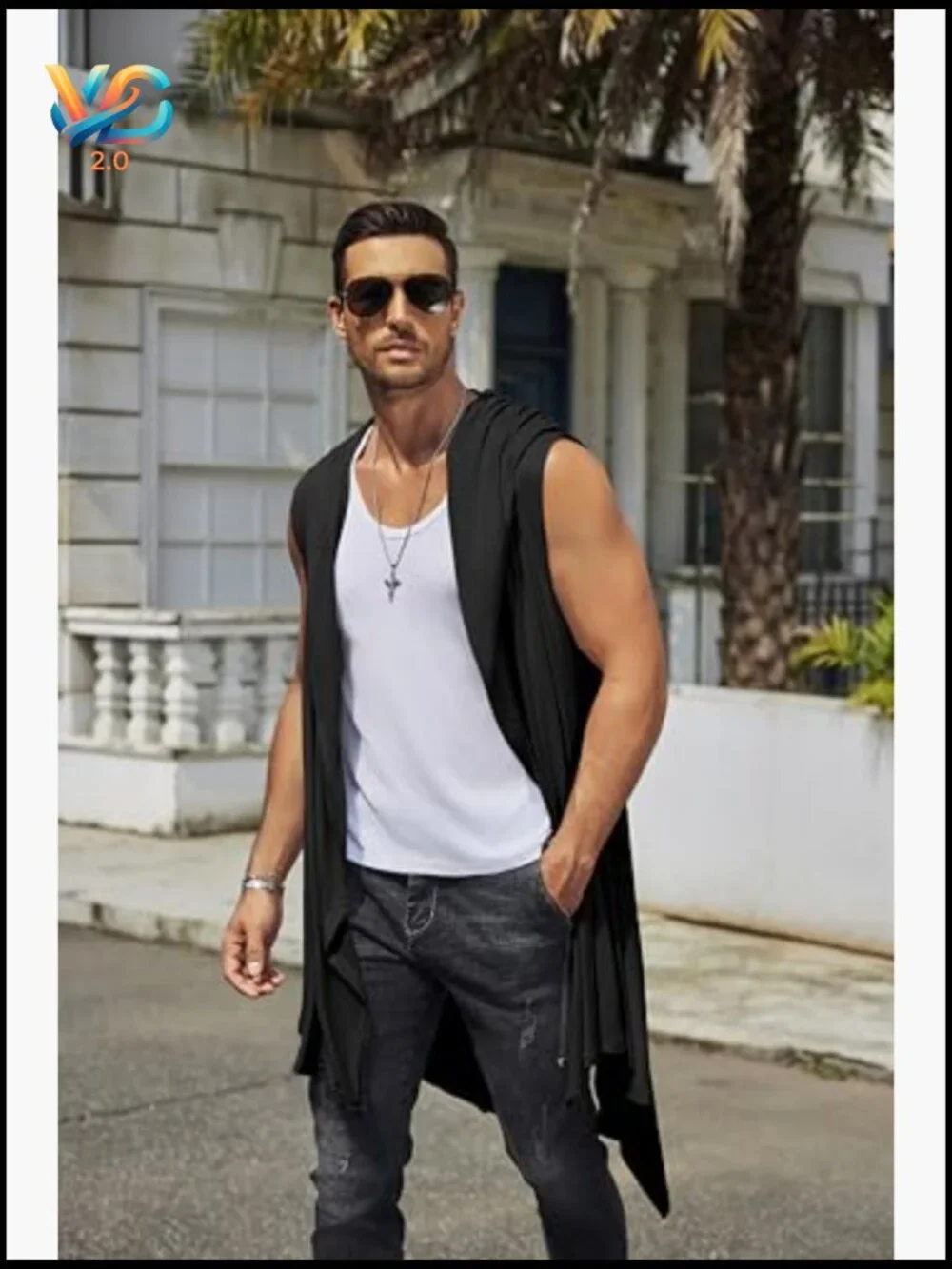 Men's Long Hooded Cardigan Sleeveless Ruffle Shawl Collar Lightweight Open